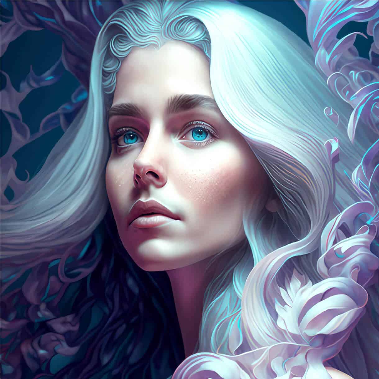 Porträt von Frau mit weißen Haaren und leuchtend tuerkisen Augen